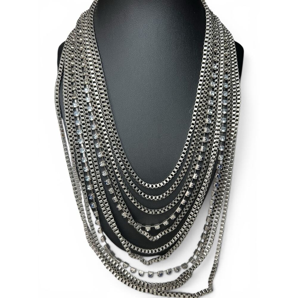 LOFT Boho Chic Multi Row Silver Tone Bib Necklace Rhinestone Accent NWOT